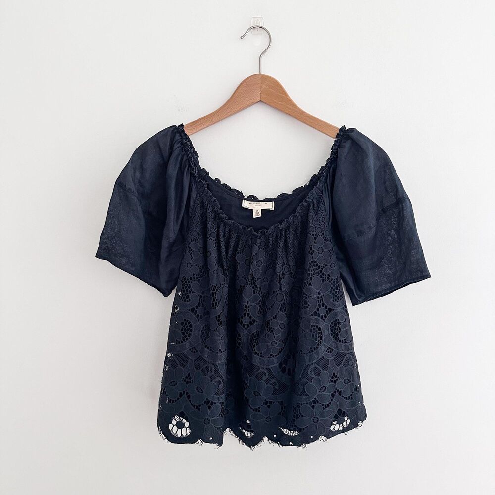 Anthropologie Moulinette Soeurs Lace Top Navy Blouse Romantic Boho Size XS - Picture 7 of 8